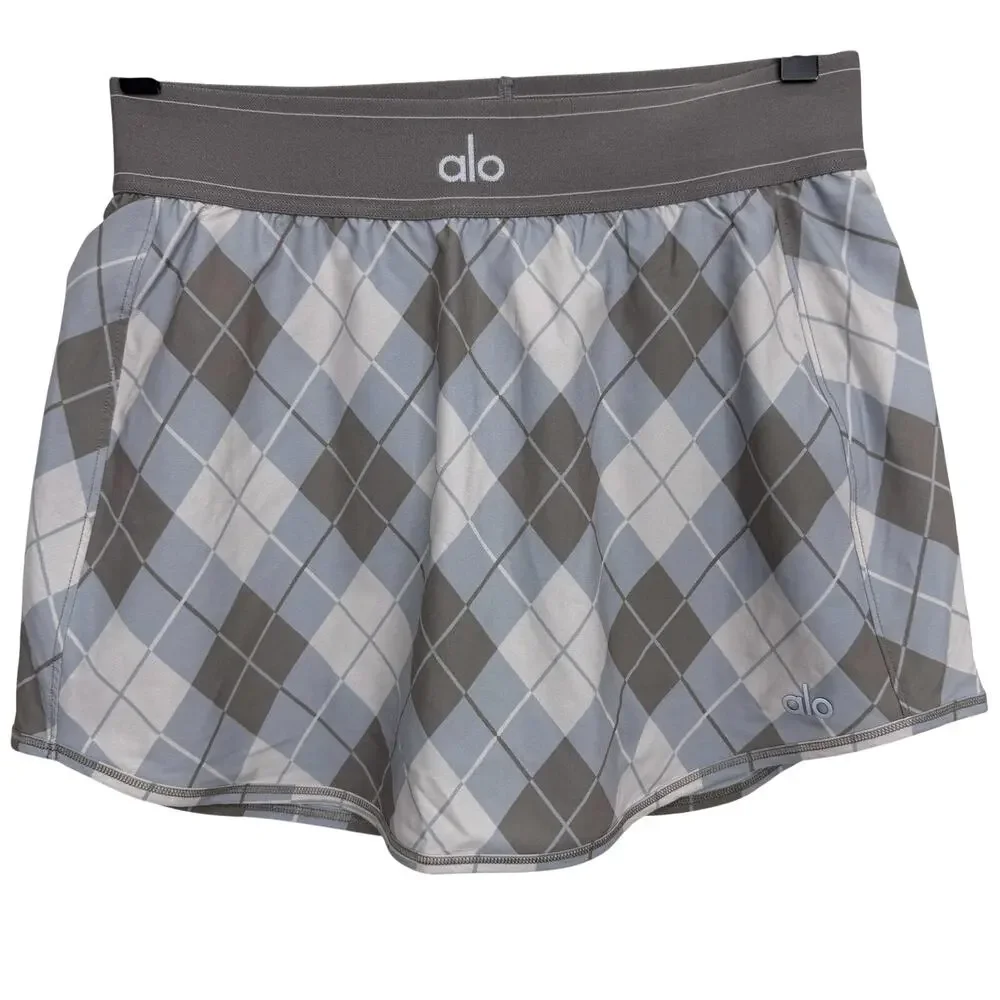 Alo Yoga Argyle Match Point Tennis Skirt Gravel /Titanium Mini Skort Plaid Small